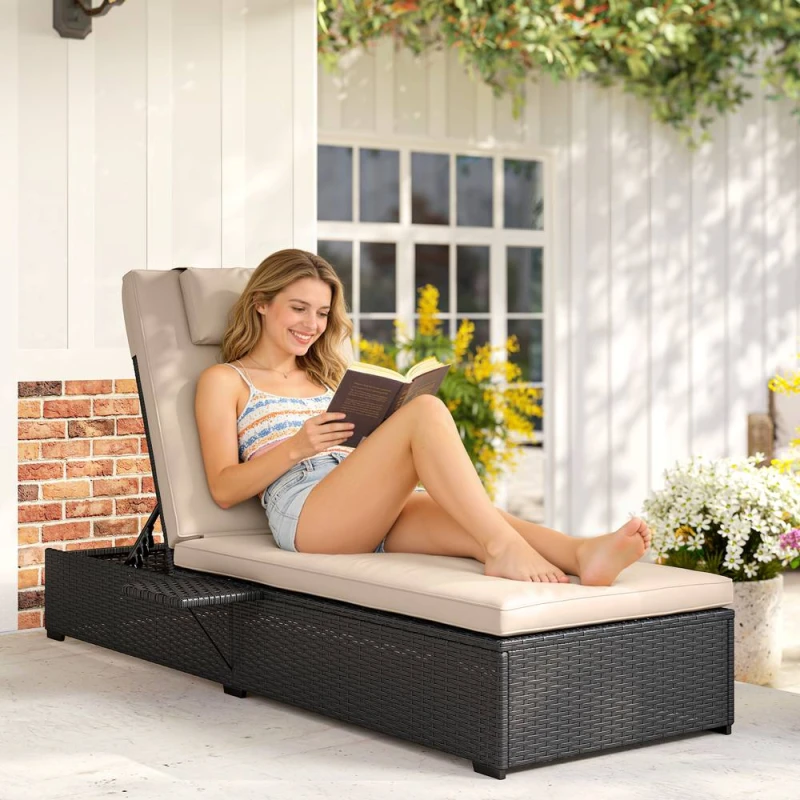 Image of OUTSUNNY Outdoor PE Rattan Lounger Cushion, 5-Level Reclining Sun Lounger in Black Unisex