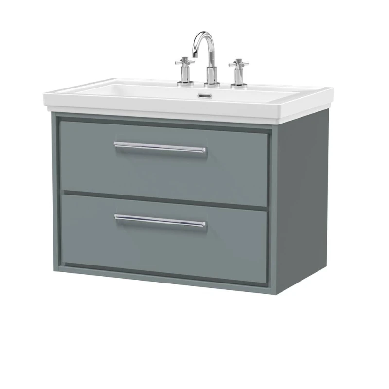 Image of Balterley Bathroom Wall Hung 2-Drawer Vanity Unit, Fireclay Basin, Grey, 800mm in Grey Grey Unisex