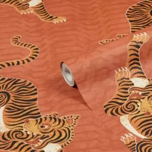 image of Furn. Tibetan Tiger Coral Orange Animal Printed Wallpaper