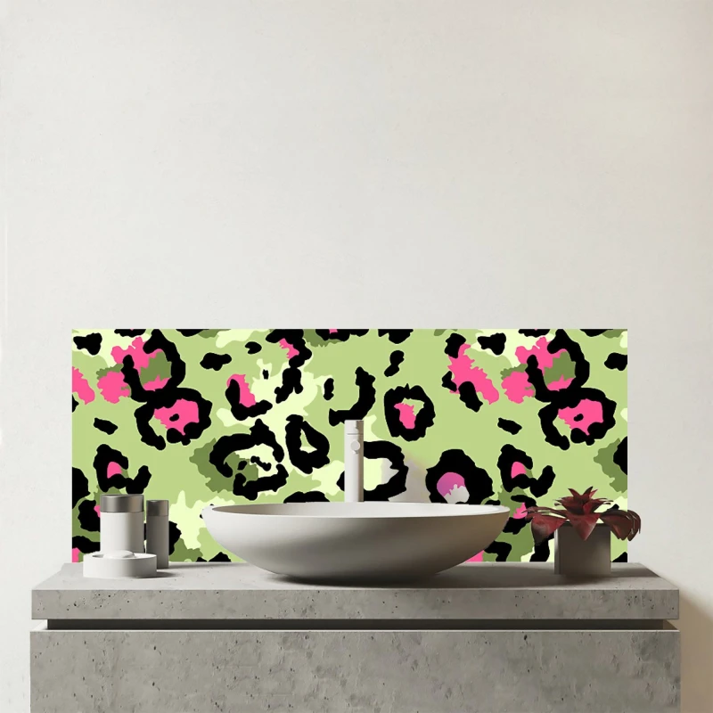 Image of Warren Reed - Designer Green & Pink Leopard Print Glass Bathroom Splashback Green Unisex
