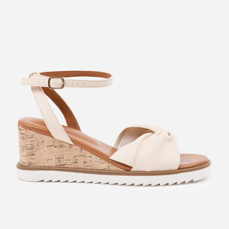Image of Where's That From 'Qween' Knot Detail Wedge Shoes With Buckle Ankle Strap Cream