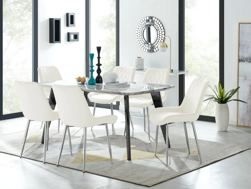 Image of FurnitureboxUK FurnitureboxUK Andria Marble Effect Dining Table With Black Legs & 6 Pesaro Velvet Silver Leg Chairs in Cream Cream One Size Unisex 505