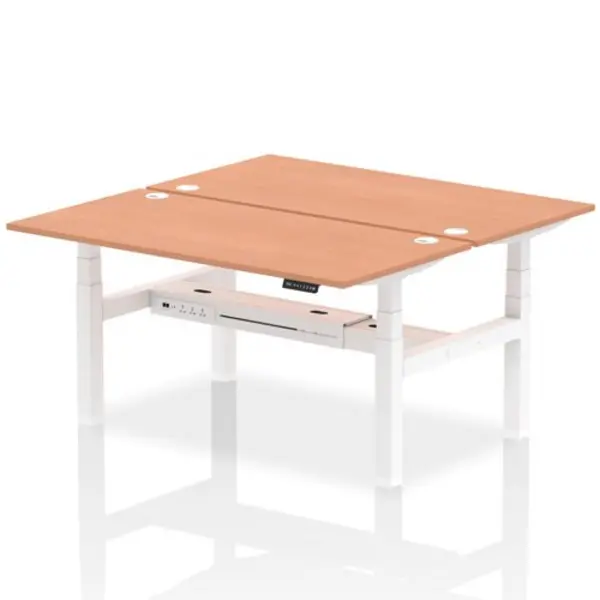 Image of Air Air Back-to-Back 1600 x 800mm Height Adjustable 2 Person Bench Desk Beech Top with Cable Ports White Frame HASCP2P16800BCHW