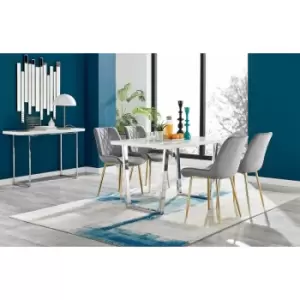 Image of Kylo White High Gloss Dining Table & 4 Grey Pesaro Gold Leg Chairs - Elephant Grey