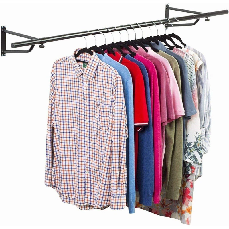 Image of House of Home Clothes Rail Wall Mounted Garment Clothing Hanging Wardrobe Wall Rack Black 6ft Black unisex