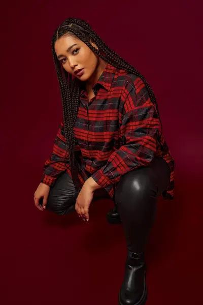 Image of Yours Check Brushed Oversized Boyfriend Shirt Red