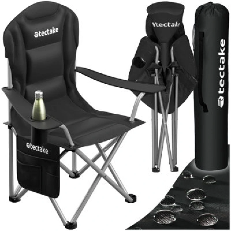 Image of Tectake Camping Chair Mtx - Padded, Foldable, With Cup Holder And Side Pocket - Black - Per Piece