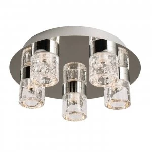 image of 5 Light Bathroom Flush Ceiling Light Chrome, Clear Glass with Bubbles IP44