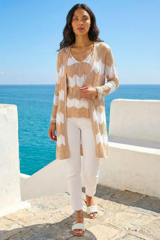 Image of Roman Womens Chevron Stripe Shimmer Longline Cardigan in Natural Size: 12 Natural Female 12