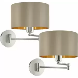 Image of 2 pack Wall Light Satin Nickel Moveable Stem Shade Taupe Gold Fabric E27 1x60W