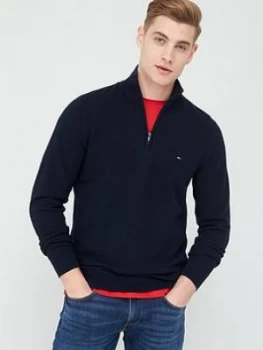 Image of Tommy Hilfiger Zig Zag Structured Zip Neck Jumper - Desert Sky Navy, Desert Sky Navy, Size S, Men