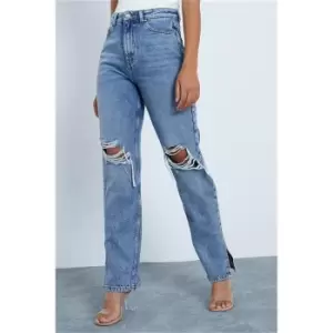 I Saw It First Mid Wash Bust Knee Split Hem Jeans - Blue