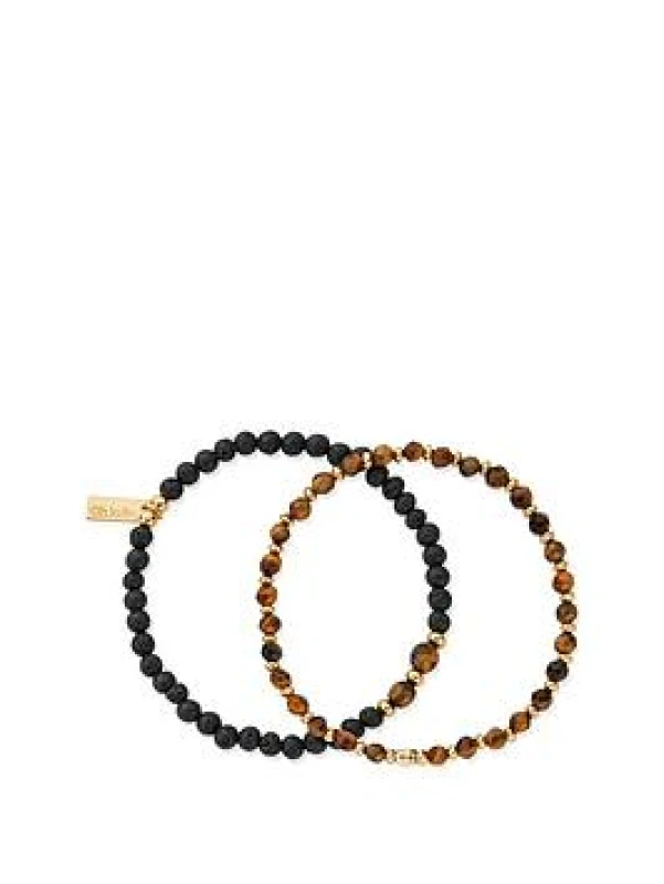 Image of Mens Gold Black Lava & Tiger's Eye Set Of 2 Bracelets GBSETBLTEM