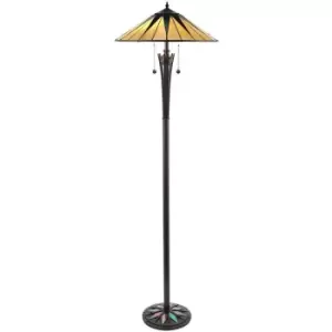 image of 1.5m Tiffany Twin Floor Lamp Black & Multi Colour Stained Glass Shade i00009