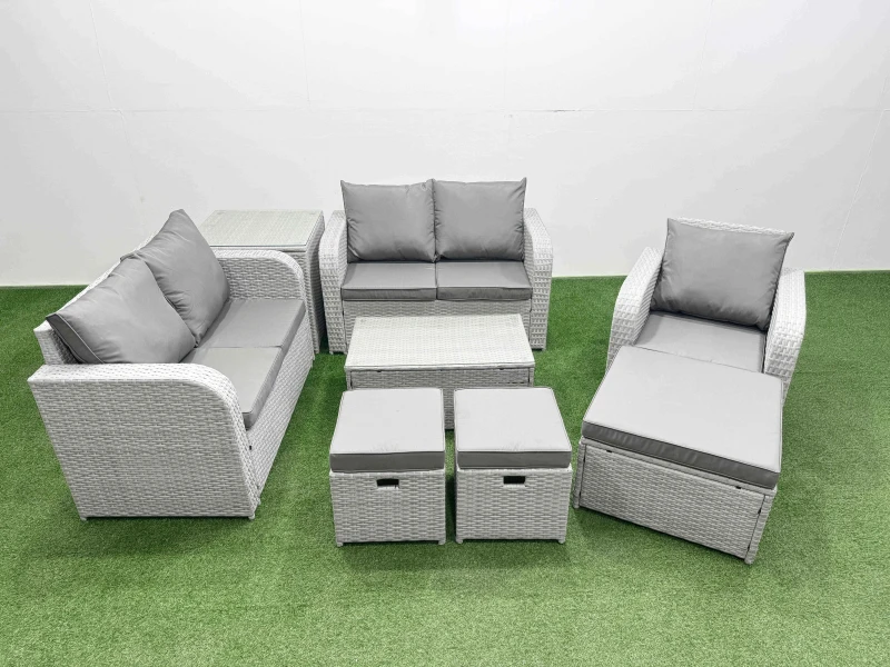 Image of Fimous High Back Poly Rattan Garden Furniture Set with Reclining Chair Loveseat Sofa Rectangular Coffee Table Indoor Outdoor Patio Set 3 Stools Side