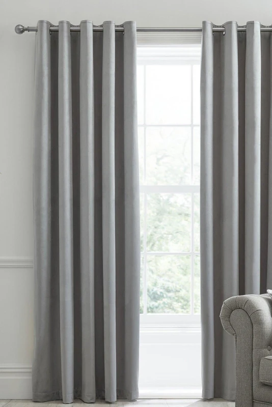 Image of Laurence Llewelyn-Bowen Laurence Llewelyn-Bowen Montrose' Velvet Blackout-Coated Pair of Eyelet Curtains in Silver Size: 168cm width x 183cm drop Si