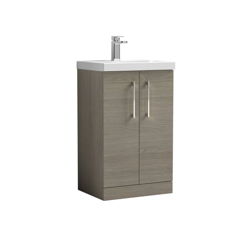 Image of Balterley Contemporary Bathroom Floor Standing 2-Door Vanity Unit & Mid-Edge Ceramic Basin, Solace Oak, 500 mm in Brown Brown Unisex