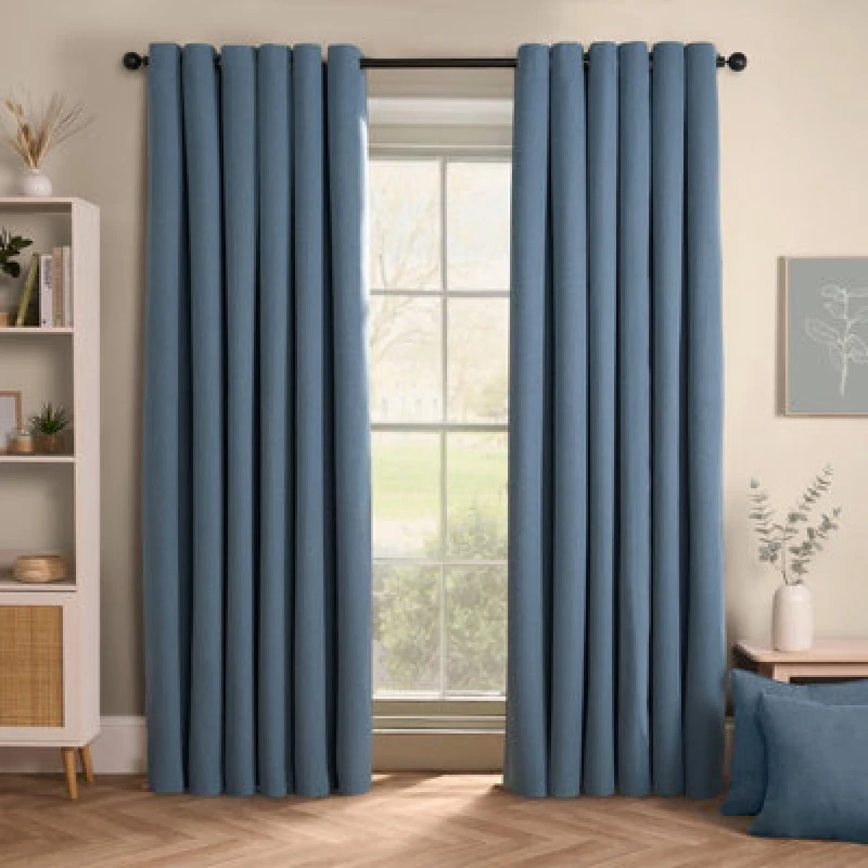 Image of OHS OHS Woven Texture Pair Of Eyelet Curtains in Blue Size: 117cm width x 137cm drop Blue 117cm width x 137cm drop Unisex 5027434207190
