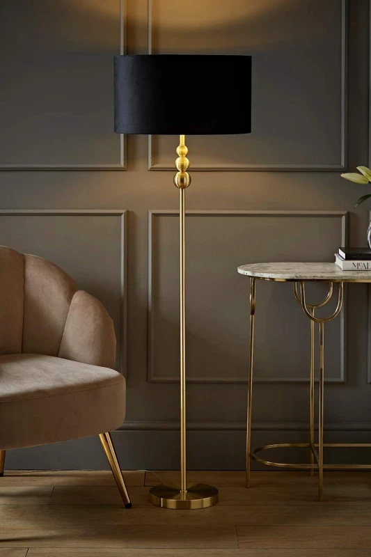 Image of ValueLights ValueLights Marissa Gold Stacked Ball Floor Lamp with Velvet Drum with Gold Inner Shade in Black One Size Unisex 5059406060144