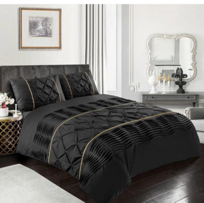 Image of HomeSpace Direct Eleanor Embellished Pintuck Glitter Detail Duvet Cover Set Black