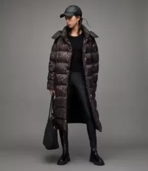 Image of AllSaints Womens Allana Leopard Print Puffer Coat, Dark Khaki Green, Size: 12