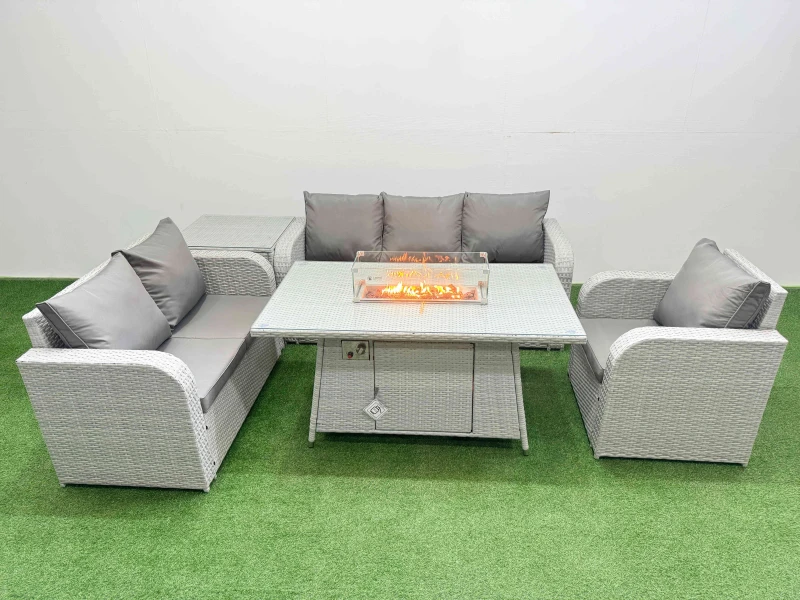 Image of Fimous Patio PE Wicker 6 Seater Outdoor Rattan Furniture Sofa Sets with Firepit Dining Table Reclining Chair Loveseat Sofa 3 Seater Sofa Side Table Li