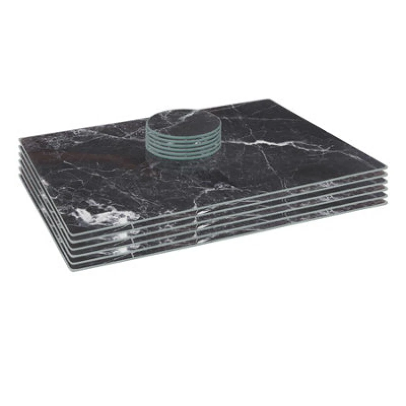 Image of Harbour Housewares 12Pc Glass Placemats & Round Coasters Set - 40 X 30Cm Black Marble Dining Table Protection Place Mats Coasters