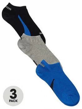 image of Puma 3 Pack Lifestyle No Show Socks - Navy/Grey/Blue, Navy/Grey/Blue Size M Men