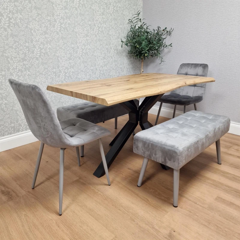 Image of Kosy Koala Modern Dining Table Set Of Brown Table, 2 Grey Velvet Chairs And 2 Velvet Benches, Multi DK140+2GYRO2GRB