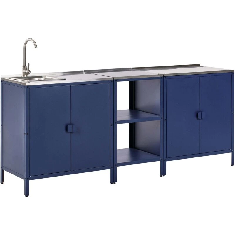 Image of Beliani 3 Piece Outdoor Kitchen Set With Sink Vilama Metal Blue