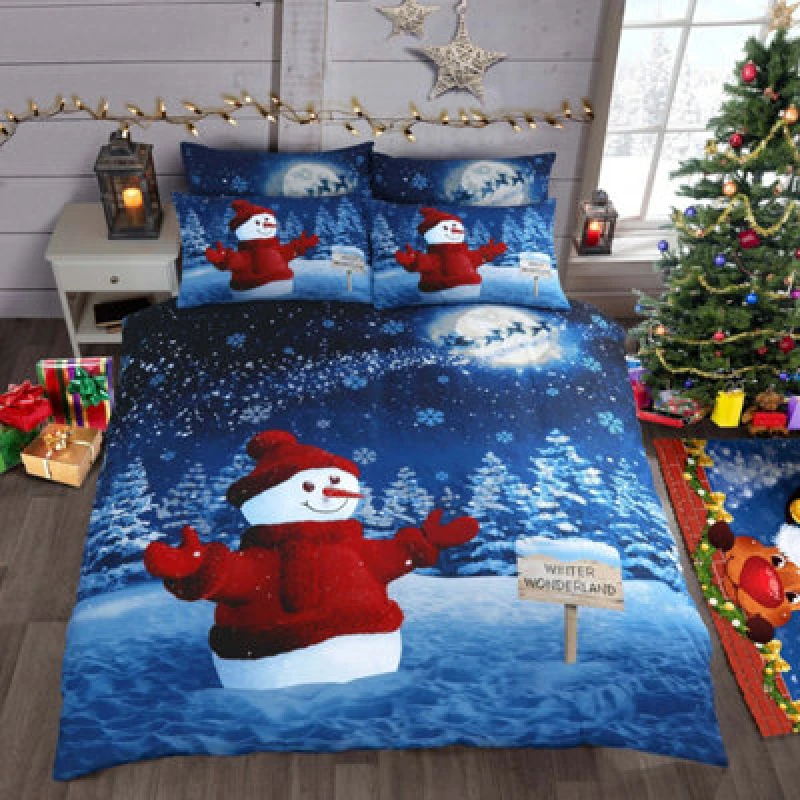 Image of Velosso Festive Cotton Blend Duvet Cover & Pillowcase Set, Breathable Winter Bedding, Snowman Print, Easy-Care Christmas Set - Multicolour