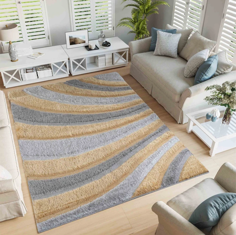 Image of Modern Soft Waves Shimmer Shaggy Area Rugs Ochre 60X220 Cm