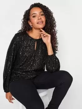 image of M&Co Sequin Keyhole Bellow Sleeve Top - Black, Size 10, Women