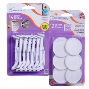 image of Dreambaby 14 Pack Catches and 12 Socket Covers Set