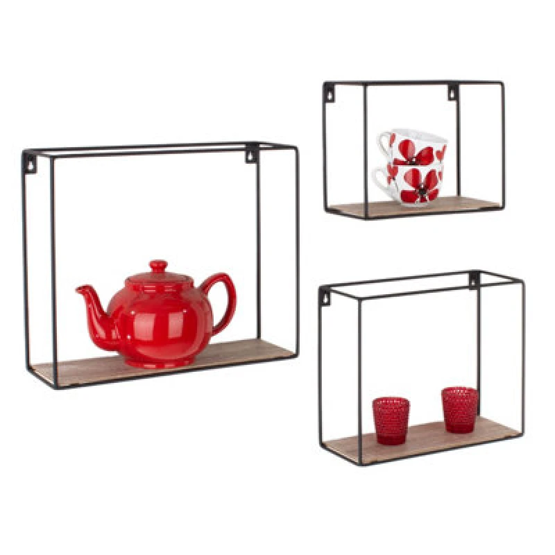 Image of Core Products Loft Rectangular Set Of 3 Display Wall Shelf Set - Black Metal And Wood Effect
