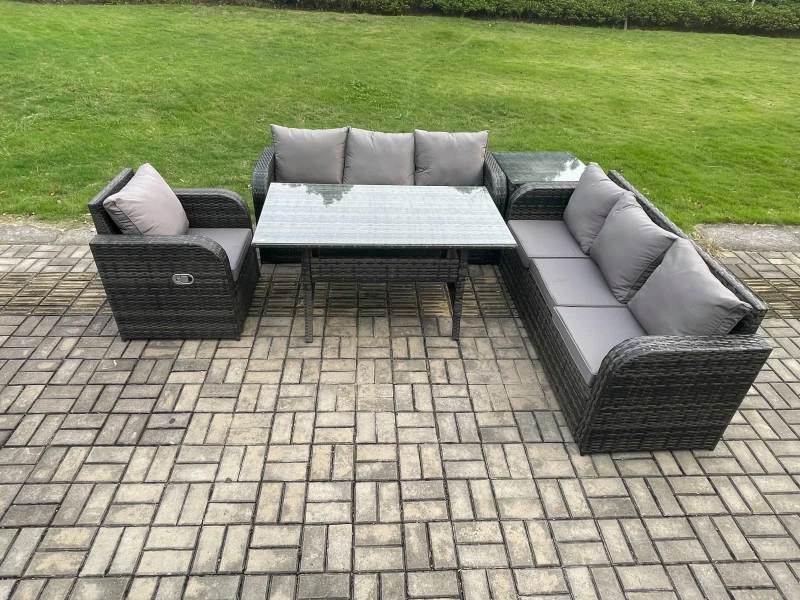 Image of Fimous 7 Seater Rattan Garden Furniture Set Oblong Rectangular Dining Table & Chairs Set with 3 Seater Sofa Side Tables Dark Grey Mixed Dark Grey Unis