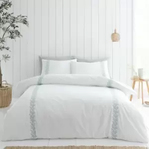 Image of Bianca Embroidery Leaf 100% Cotton 180 Thread Count Duvet Cover and Pillowcase Set, White/Green, King