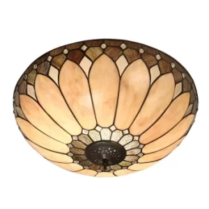 image of Brooklyn 2 Light Large Ceiling Flush Light Dark Bronze, Tiffany Glass, E27