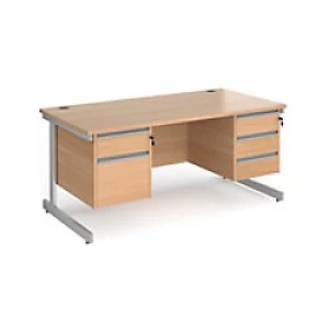 Image of Dams International Straight Desk with Beech Coloured MFC Top and Silver Frame Cantilever Legs and Two & Three Lockable Drawer Pedestals Contract 25 16