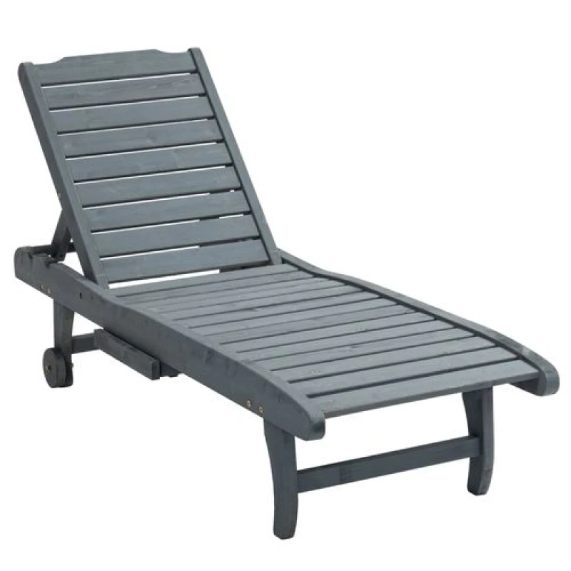 Image of Outsunny Outsunny Wooden Sun Lounger Outdoor Patio Sun Bed w/ Pull-out Table Grey