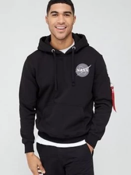 Image of Alpha Industries Space Shuttle & Back Print Overhead Hoodie - Black, Size XL, Men