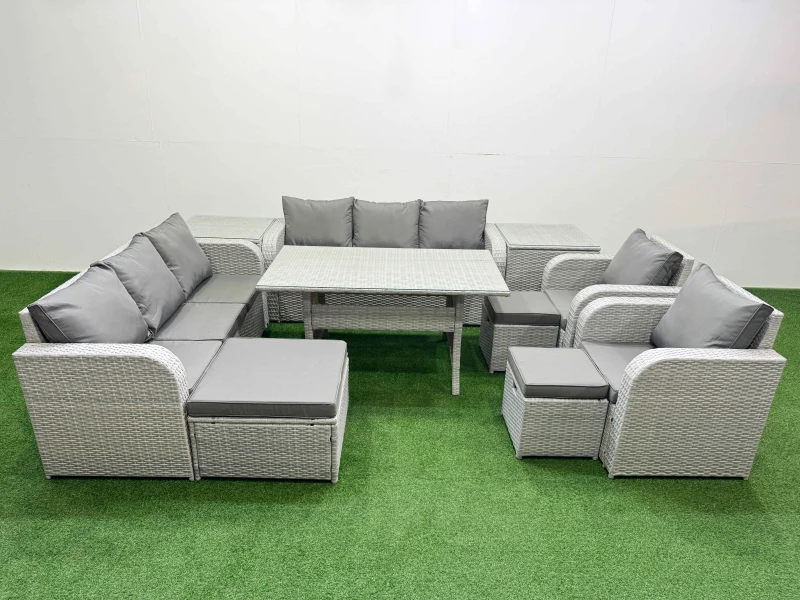 Image of Fimous PE Rattan High Back Lounge Sofa Set Patio Rectangular Dining Table & Chairs Set with 3 Seater Sofa Reclining Chair 3 Stools 2 Side Table Light