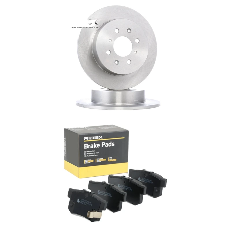 Image of RIDEX 3405B3353 Brake disc and pads set Rear Axle, Brake Disc Type: Solid, with acoustic wear warning Brake Set,disc brakes (3405)