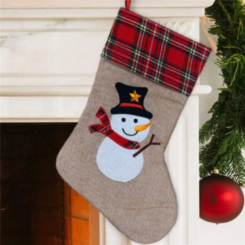 Image of Shatchi Large Xmas Stocking Printed Pattern Burlap Hessian Linen Sack Sock Hanging Bags Snowman 26X25Cm