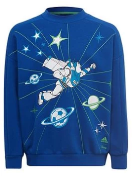 Image of adidas Boys Buzz Lightyear Crew Sweat Top - Blue/Green, Blue/Green, Size 3-4 Years