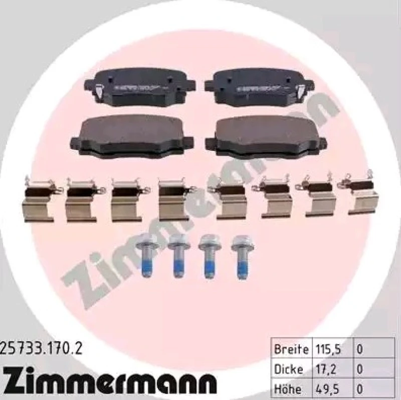 Image of ZIMMERMANN 25733.170.2 Brake pad set Rear Axle, with acoustic wear warning, with spring, with bolts/screws Brake Pad Set,disc brake (402)