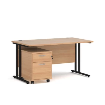 Office Desk Rectangular Desk 1400mm With Pedestal Beech Top With Black Frame 800mm Depth Maestro 25 SBK214B