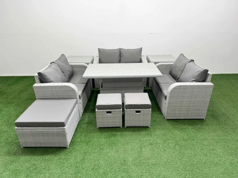 Image of Fimous 9 Seater PE Wicker Rattan Furniture Sofa Sets with Adjustable Lifting Dining or Coffee Table 2 Seater Love Sofa 3 Stool 2 Side Table Light Grey