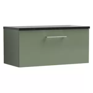 Nuie Arno Satin Green 800mm Wall Hung Single Drawer Vanity Unit with Sparkling Black Laminate Worktop - ARN825LSB - Satin Green