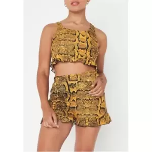 Image of Missguided Snake Print Frill Crop Top And Shorts Pyjama Set - Yellow